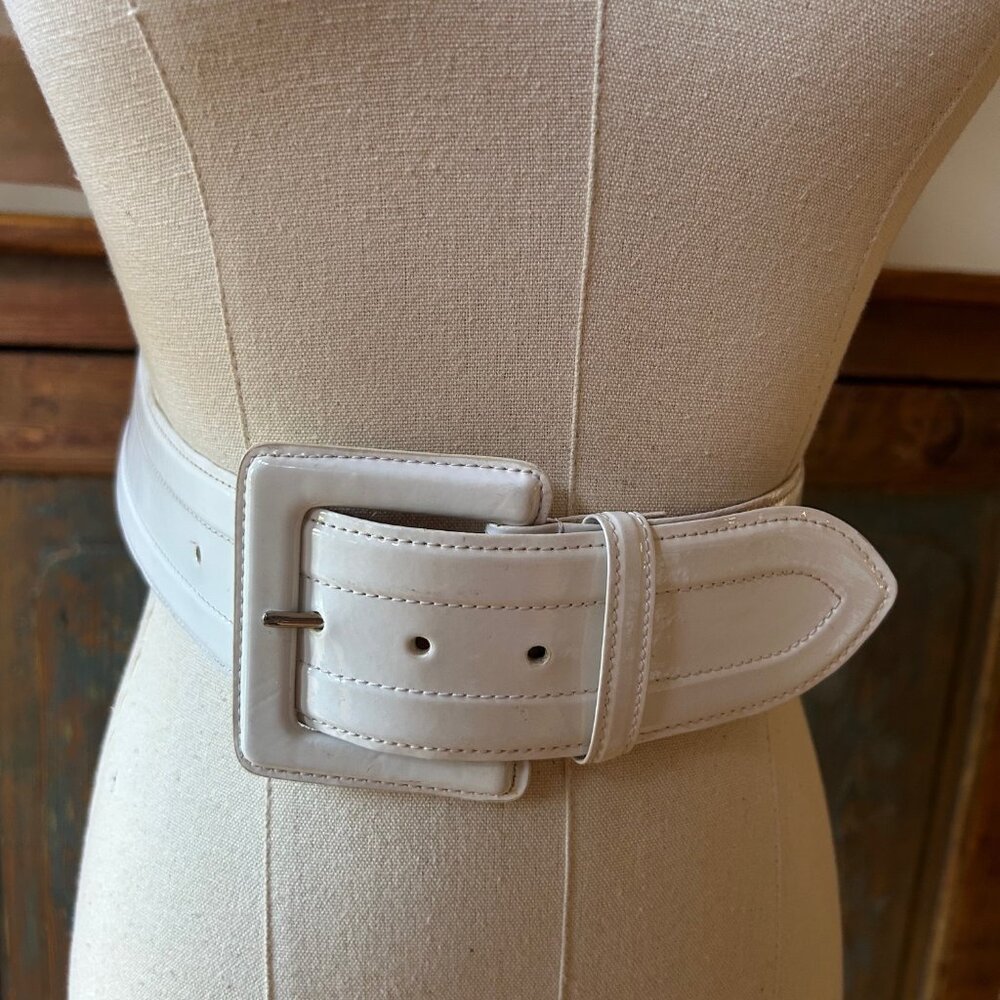 Ralph Lauren White Wide Leather Waist Belt with Square Buckle
